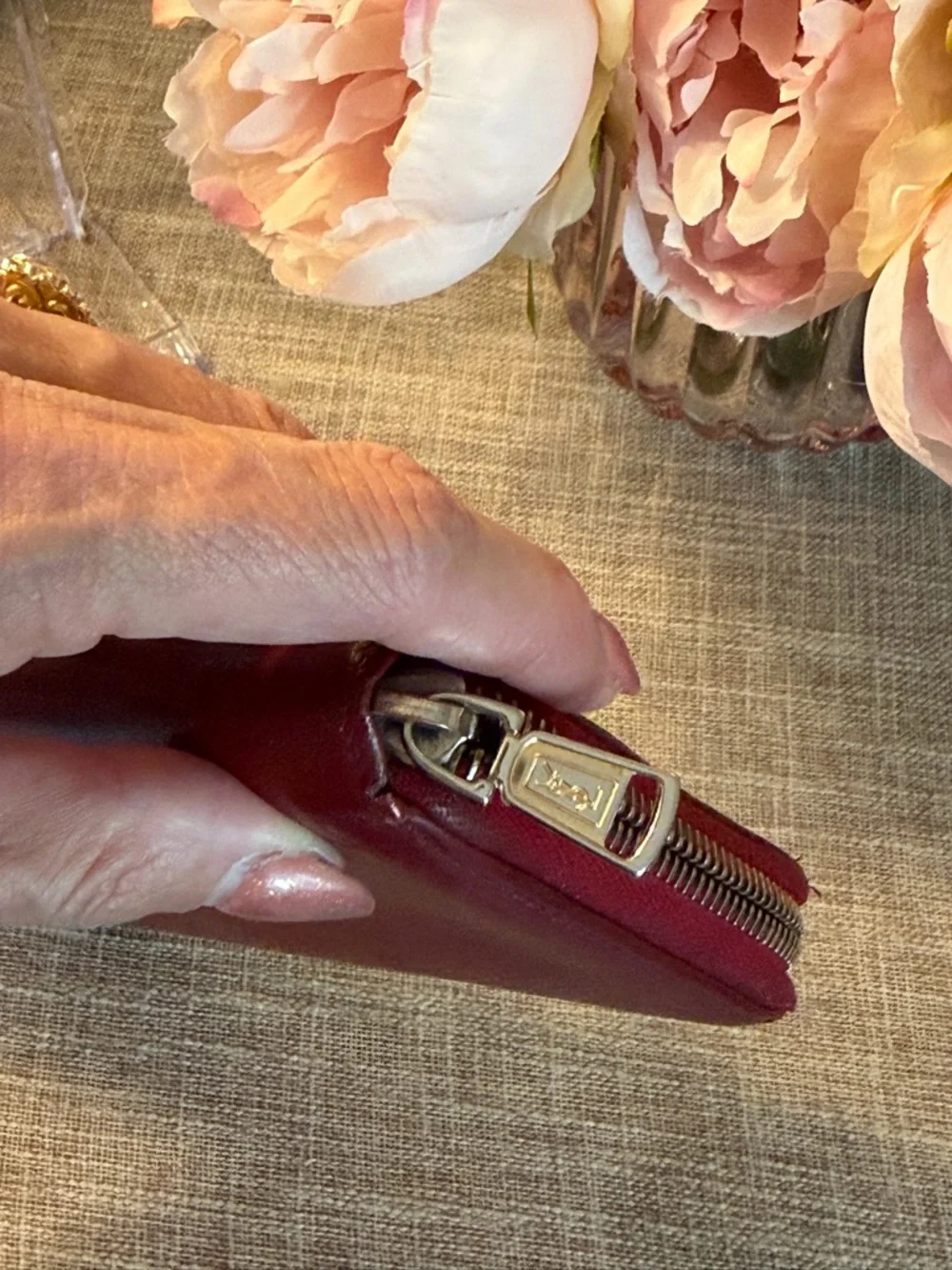 Yves Saint Laurent Red Leather Zip around Long Wallet with Stitched YSL - Picture 11 of 11